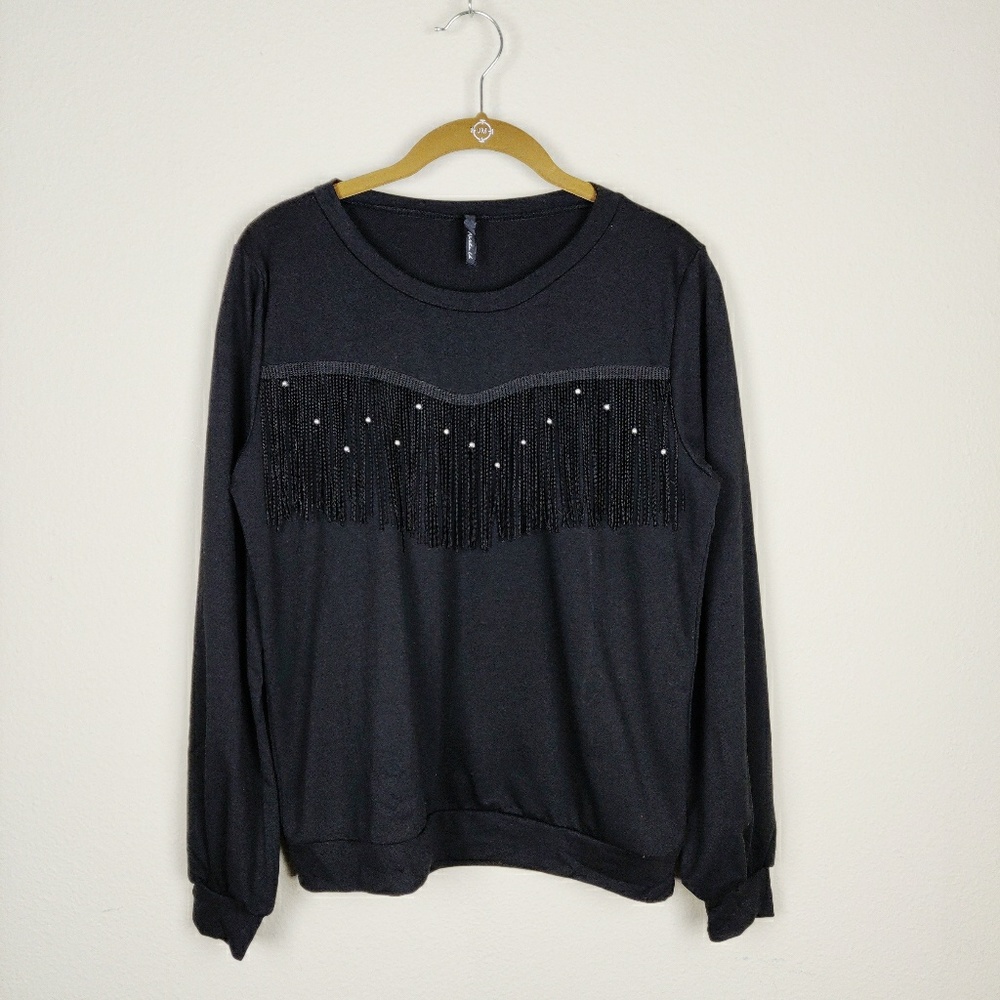 Noble U Black Fringe Crewneck Sweatshirt Top